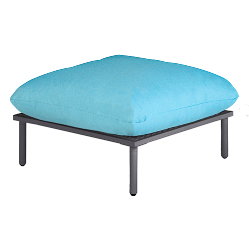 footstool with flint frame and blue cushions