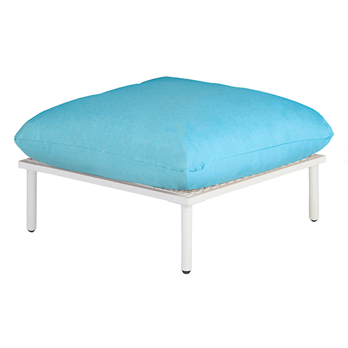 footstool with shell frame and blue cushions